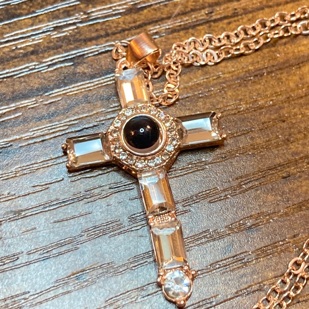 Womens Cross Pendant Necklace 20" Rose Gold Tone Cubic Zirconia Baguette